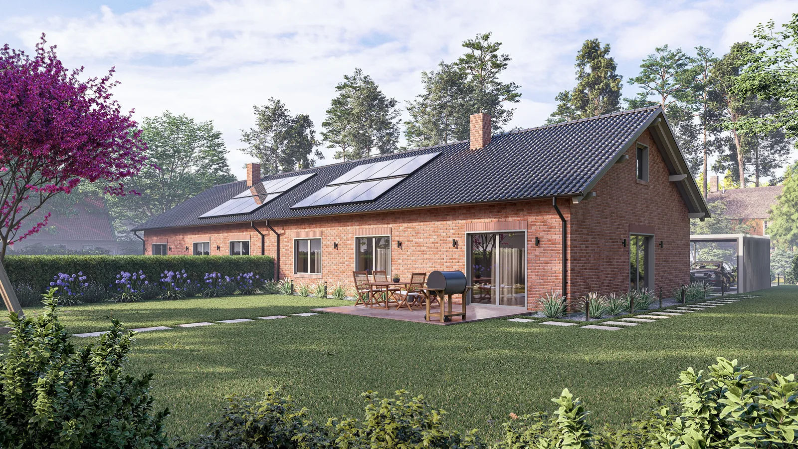 Gartenseite des Doppelbungalows mit Photovoltaikanlage auf dem Dach
